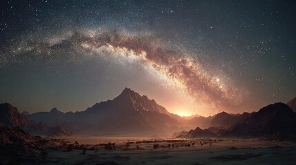 Wall Mural - a panoramic image of a mountainous landscape bathed in starlight, featuring both an expansive celest