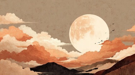 Wall Mural - a painting depicts a moon in the sky above mountains and birds flying in front