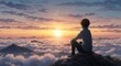 © Sasa Visual - A young boy gazes at a vibrant sunset while perched on a rock, surrounded by clouds and mountains