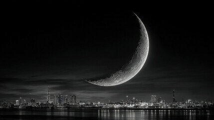 Wall Mural - a black and white crescent moon photo with a city skyline background