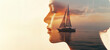 © THINGDSGN - Double exposure of woman profile and sailing boat at sunset, symbol of freedom and emotion