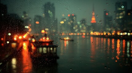 Wall Mural - a cityscape viewed from inside a rainy window, illuminated by the city's nighttime lights