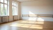 © BeeSee - Empty dance studio with ballet barre. Room features large windows wooden floor. Interior design, light, shadow. Modern dance school. Space for workout, stretching exercises, created with generative ai