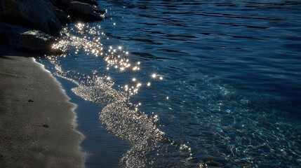 Wall Mural - a beach with rocks and water reflecting sunlight