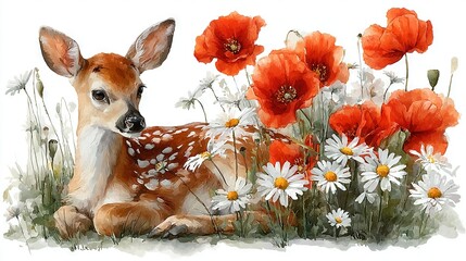 Canvas Print -   Watercolor painting of a deer resting among daisies and poppies in a field, with daisies prominently displayed in the foreground