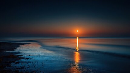 Wall Mural -   The sun is setting over the ocean with a long stick extending from the center