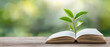 © Alla Bondaruk - Open book with fresh green plant growing from its pages in a peaceful outdoor setting.concept of new knowledge, useful knowledge, education, science. positive rich thinking