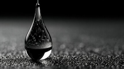 Wall Mural - a monochrome image depicting a water droplet on a damp surface surrounded by droplets of water