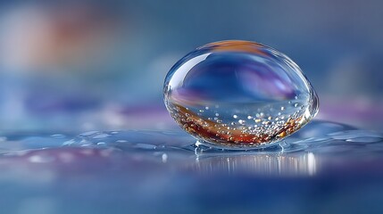Wall Mural - a close-up of a water droplet on a blue and purple background with a blurred building in the back