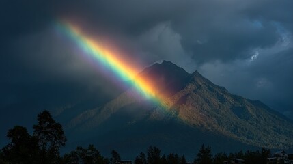 Wall Mural - a bright rainbow shines over a dark mountain with a cloud in the foreground and clouds behind