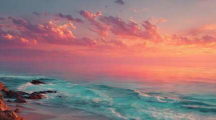 Wall Mural - a stunning oil painting depicts a sunset over the ocean, complete with towering waves and a prominen