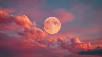 Wall Mural - a stunning, illuminated sky featuring a captivating full moon surrounded by fluffy clouds during twi