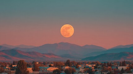 Wall Mural - city with mountain range and pink sky at full moon