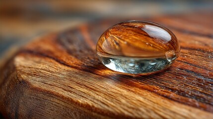 Wall Mural - a drop of water rests atop a wooden table adjacent to another drop of water