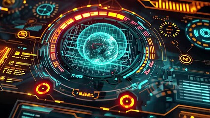 Aufkleber - Stunning 4K futuristic interface showcasing digital globe and high-tech patterns with glowing elements and data visualizations
