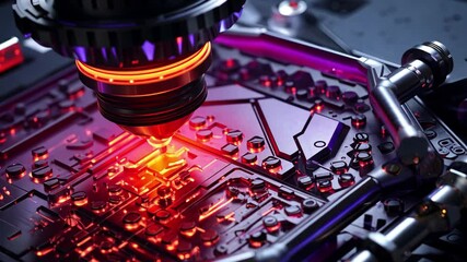 Poster - Close-up of advanced machinery in a tech lab showcases intricate components and glowing circuits at work in high-resolution 4k