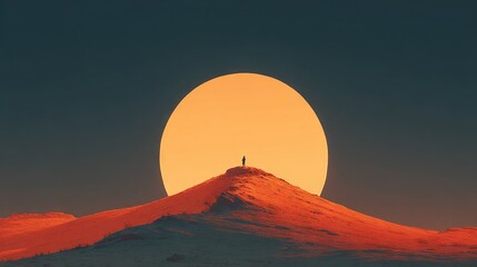 Wall Mural - a man atop a snowy peak beneath an orange sun and a full moon