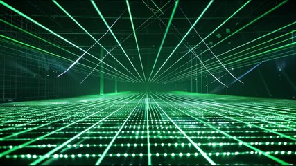 Wall Mural - Green laser rays in abstract dark digital space for background, light lines of technology.