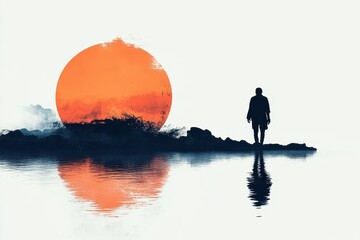Poster - Silhouette of a person walking along the shore at sunset with a vibrant orange sky and reflection on the water creating a serene atmosphere in the evening