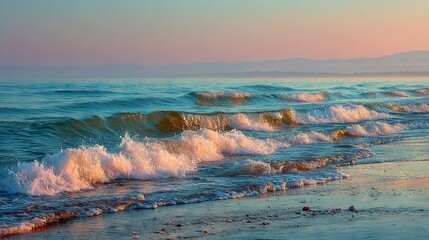 Wall Mural -   A stunning view of a beach, with waves crashing onto the shore and majestic mountains fading into the horizon A vivid mix of pink and blue skies completes the serene