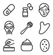 © Svitlana - Anti-Aging Icon Set. Outline icon set of anti-aging treatments: retinol capsule, collagen peptide vial, wrinkle line, lifting mask