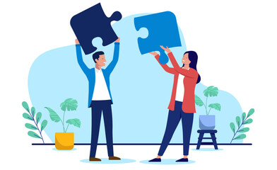 Poster - Businesspeople collaborate by connecting puzzle pieces, symbolising teamwork, problem-solving, and finding solutions in a corporate environment