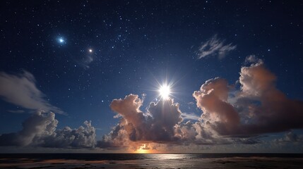 Wall Mural -   The sun and moon shine brightly in their respective skies above the ocean