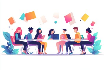 Aufkleber - Group of young adults collaborating at a desk with laptops, notes, and a plant in a creative workspace during the day