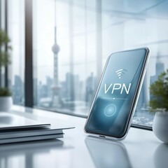 Fototapete - Mobile smartphone with VPN app screen protecting privacy and ensuring secure digital connection, Generative AI