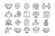 © Olha - Line style icons of corporate ethics and values: handshake, integrity icon, trust badge, transparency, equality icon, inclusion circle, responsibility icon, open door policy, ethical decision,