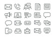 © Sergey - Line style icons of communication at work: email icon, phone call, group chat, internal memo, announcement speaker, video call, Slack message, company newsletter, speech bubble, direct message,