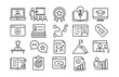 © Sergey - Line style icons of learning and development: online course, training session, certificate badge, knowledge base, e-learning icon, tutorial video, reading list, learning path, course module, skill