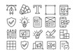 © Tanya - Line style icons of creative and graphic marketing: design tool, color palette, typography icon, layout frame, mockup icon, branding element, creative asset, design brief, wireframe icon, prototype