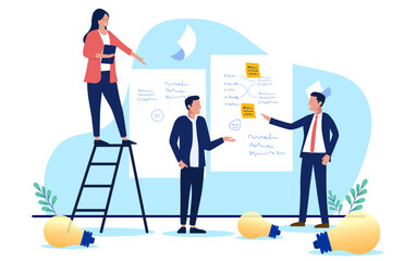 Fototapete - Business professionals brainstorm new ideas during a workshop, using sticky notes and whiteboards to develop innovative strategies and solutions. Flat design vector illustration on white background