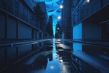 Wall Mural - abstract blue background featuring dark street wet asphalt and reflections
