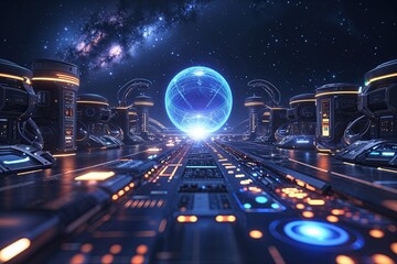 Wall Mural - cosmic digital interface with highlighting streams and advanced technology
