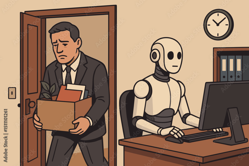 AI Automation Replaces Human Worker. Sad Man Leaving Office With ...