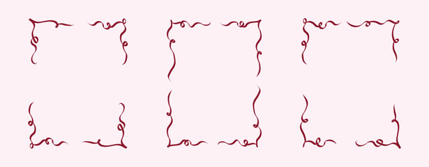 Aufkleber - Girly Ribbon Bow frames of hand drawn line art style. Coquette cute birthday borders for Valentine day cards, menu and Wedding invitations templates. Set of Doodle outline vector illustration
