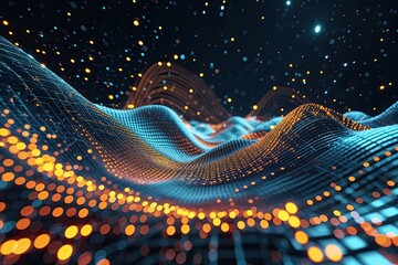 Wall Mural - futuristic digital wave of particles with grid patterns in dark space background