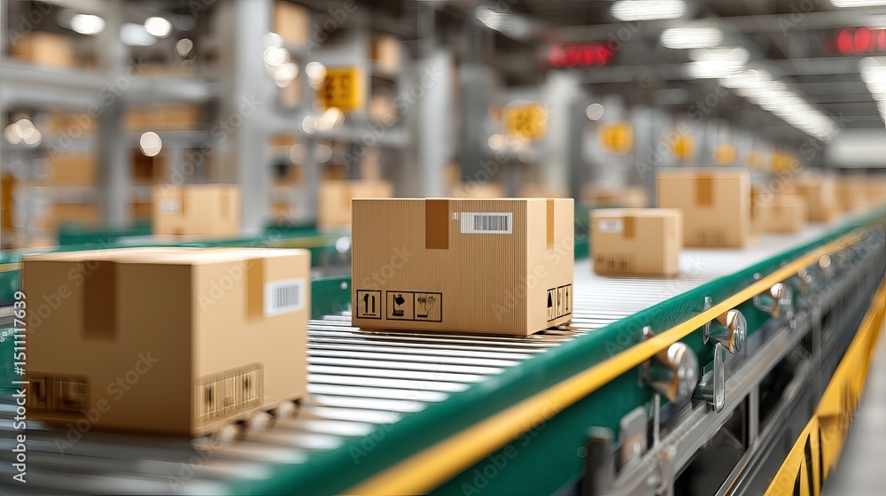 Row of cardboard boxes on conveyor belt in modern warehouse 3D ...