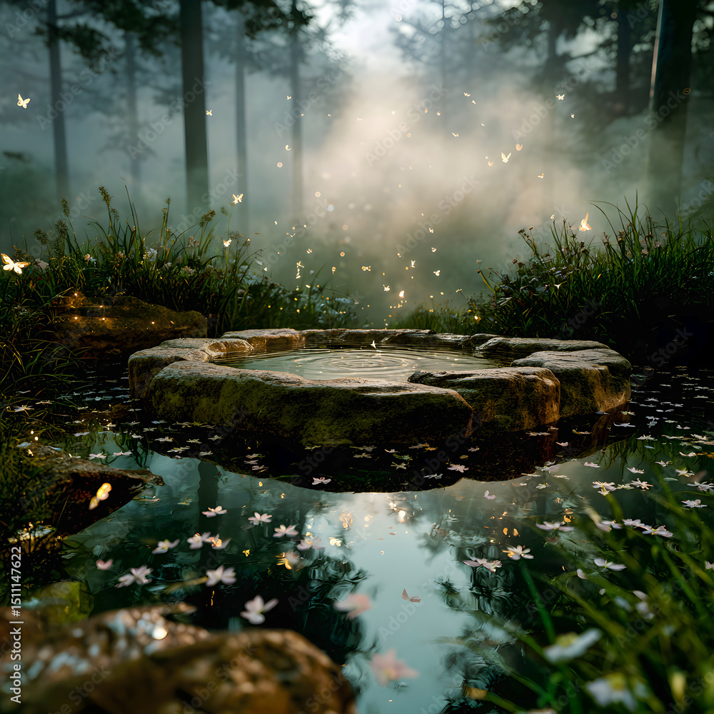 Enchanted Forest Scene with Magical Water Well and Glowing Particles ...