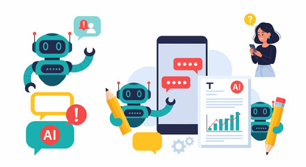 Wall Mural - AI Chatbot Assistance Helping Woman with Data and Chat