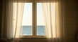 © ManuStockStudio - Window View of Ocean Serenity with Sheer Curtains Peaceful Interior Scenery Relaxing Seascape Coastal Home Decor Bright Natural Light Calm Atmosphere Indoor Still Life