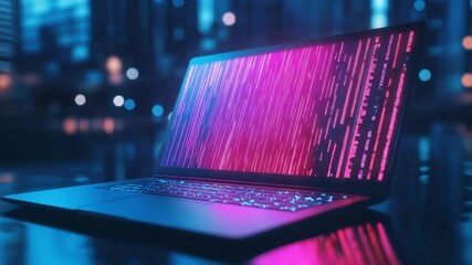 Sleek laptop displaying vibrant data streams in a neon-lit futuristic urban setting