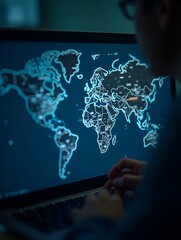 person coding with world map interface, possibly cyber security work.