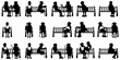 © CreativeStockVault - Silhouettes of people sitting on benches in various poses and arrangements in a black and white image |eps vectors