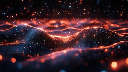 Wall Mural - abstract landscape of glowing particles with warm orange and cool blue tones. floating light dots an