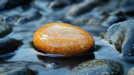 Wall Mural - close up shot of an orange rock in water surrounded by other wet grey rocks highlighting natural tex