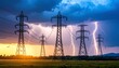 © Ruls.Design - Powerful Lightning Strikes During Sunset Near High-Voltage Power Lines