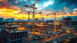 © khemthong - Panorama view at workers are working on large construction sites and many cranes are working
